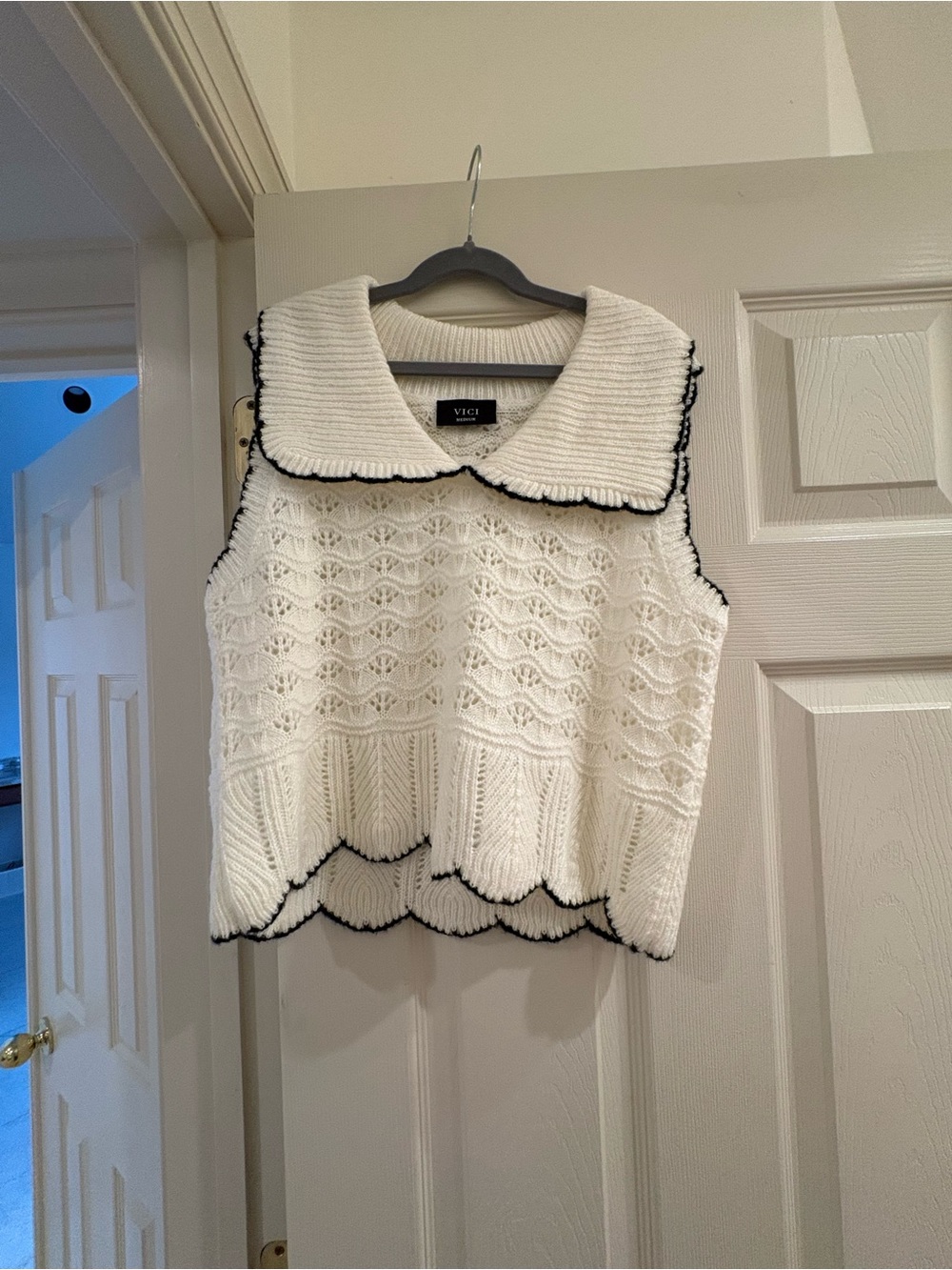 Vici White Knit Sleeveless V-Neck Sweater Vest with Black Trim